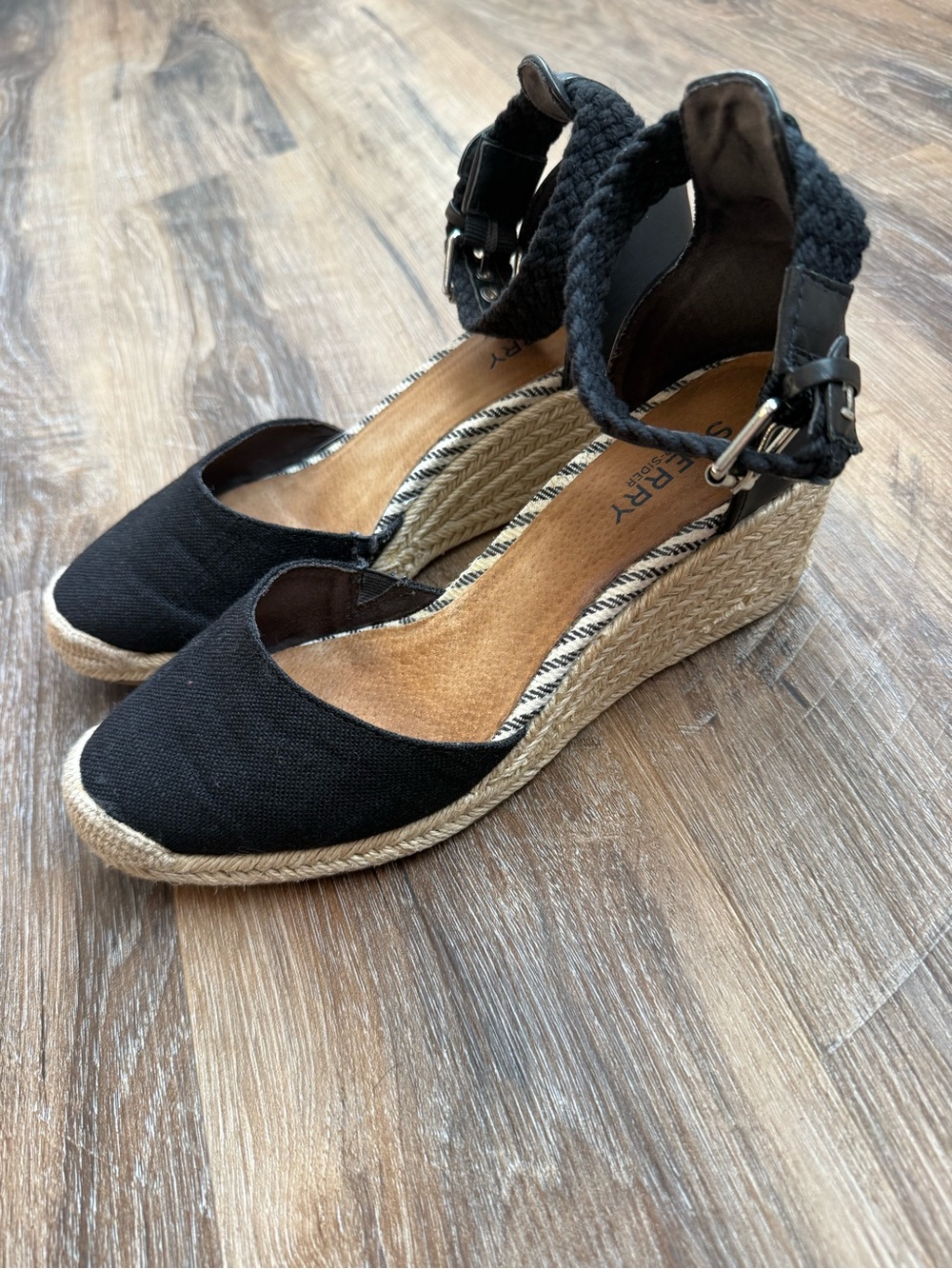 Sperry Black Espadrille Wedge Sandals with Braided Ankle Strap